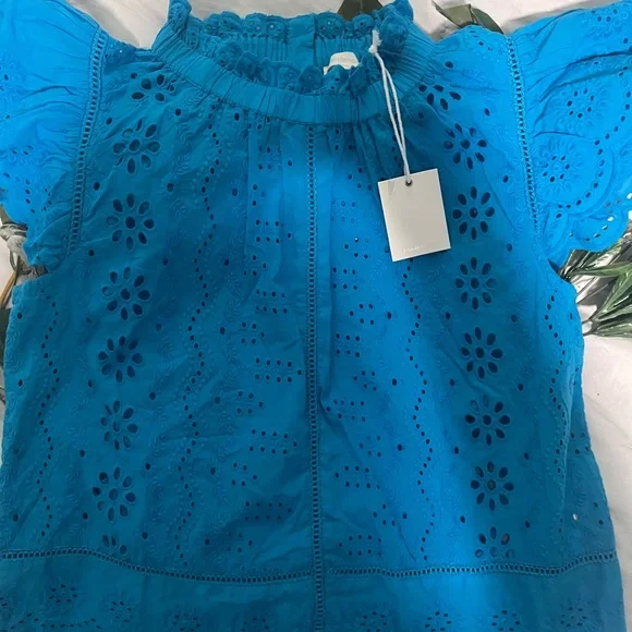 Blue Eyelet Lace Cotton Blouse - Picture 3 of 9